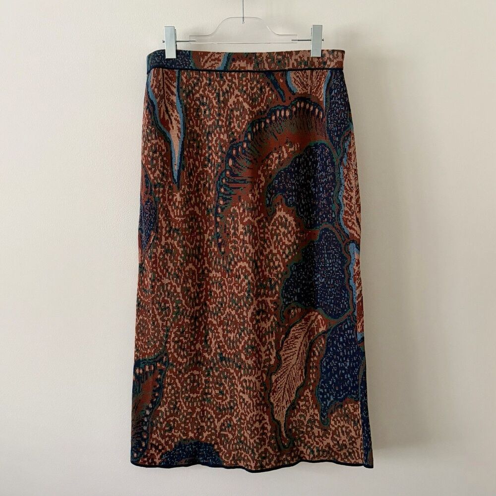 Peruvian Connection Size Large Knit Brown Blue Midi A-Line Skirt Fall Leaves